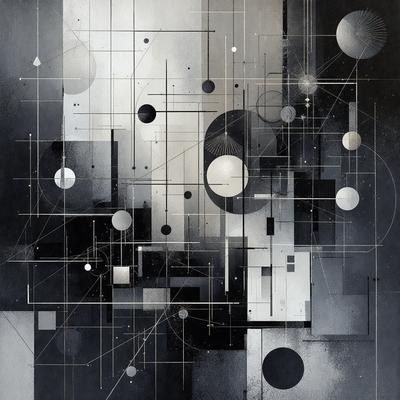 The primary subject of the image is a complex and intricate pattern of circles and other geometric shapes. The setting is a black and white background, which adds to the visual style of the artwork. The overall atmosphere is one of creativity and artistic expression. The image is a digital art piece, showcasing the artist's skill in creating a visually striking and unique design.